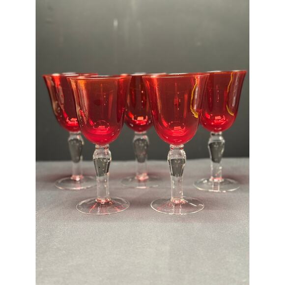 Set of 5 Handblown Ruby Red Bell-Shaped Goblets with Clear Stems – Elegant - Picture 4 of 12